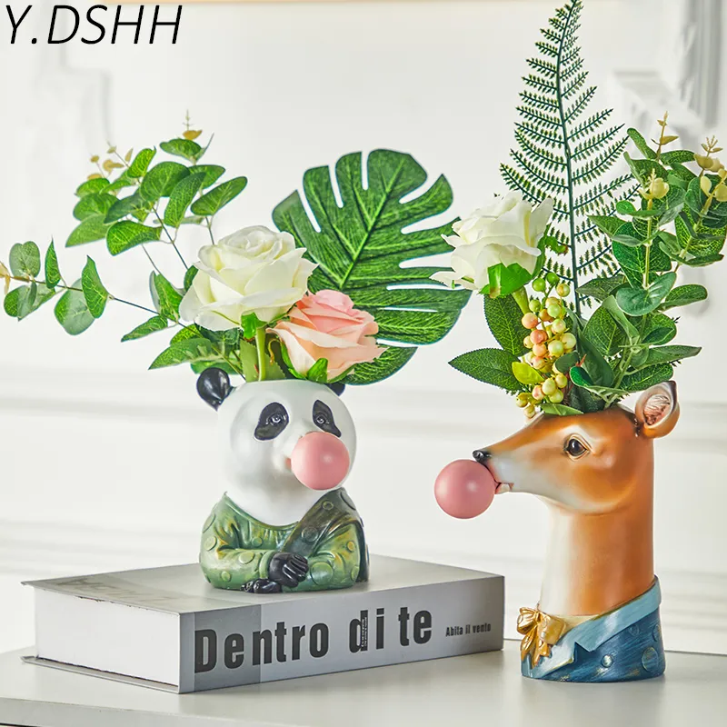 Y.DSHH Creative Vases Animal Head Shape Planter Flower Vase Flower Resin Bonsai Vases Home Garden Decoration 210310