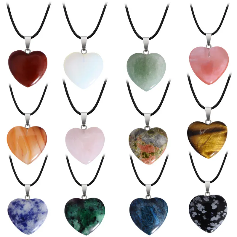 Natural Crystal Stone Pendant Necklace Hand Carved Creative Heart Shaped Gemstone Necklaces Fashion Accessory Gift With Chain 20MM 25MM