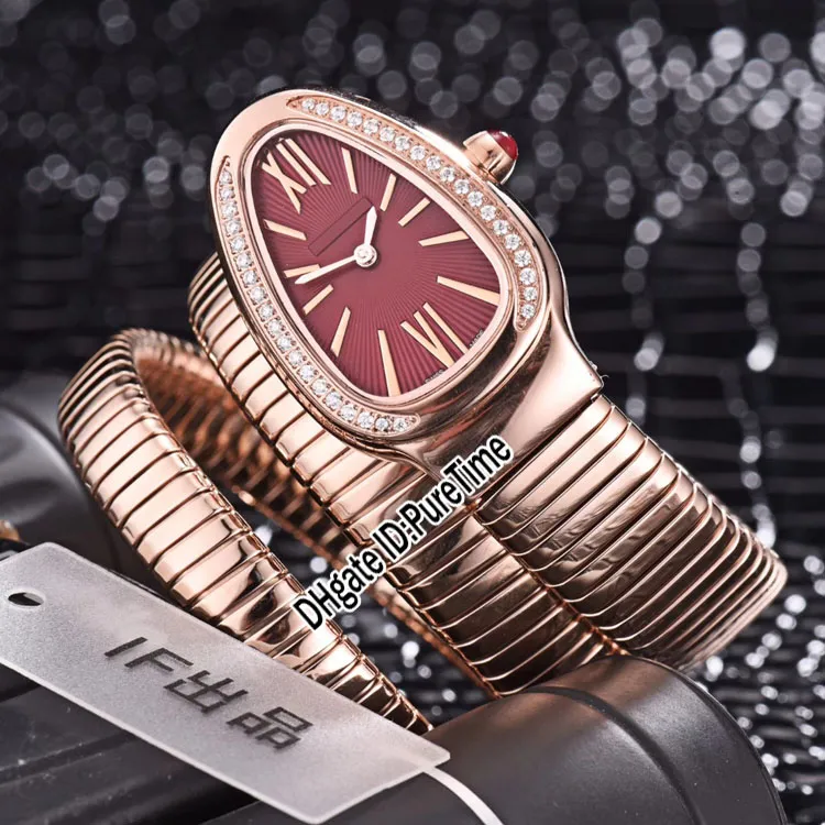 Nouveau S 101814 SPP35BGDG.2T Or Rose Diamant Lunette Cadran Rouge Suisse Quartz Femmes Montre Dames Montres Pas Cher PTBV 2021 Nouveau Puretime BV08d4