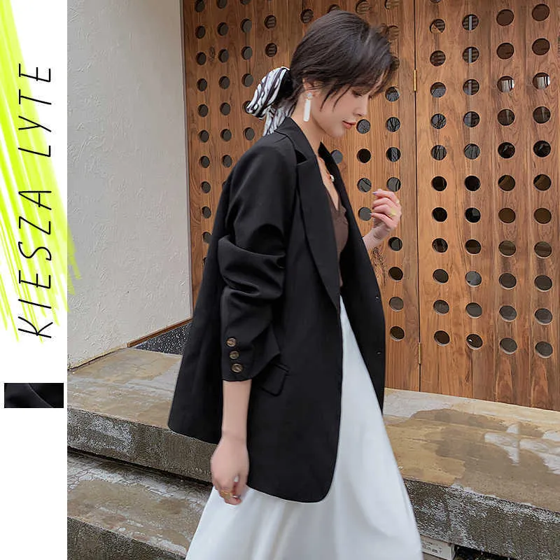 Blazer nero casual da donna primavera autunno tinta unita giacca da ufficio stile britannico da donna 210608