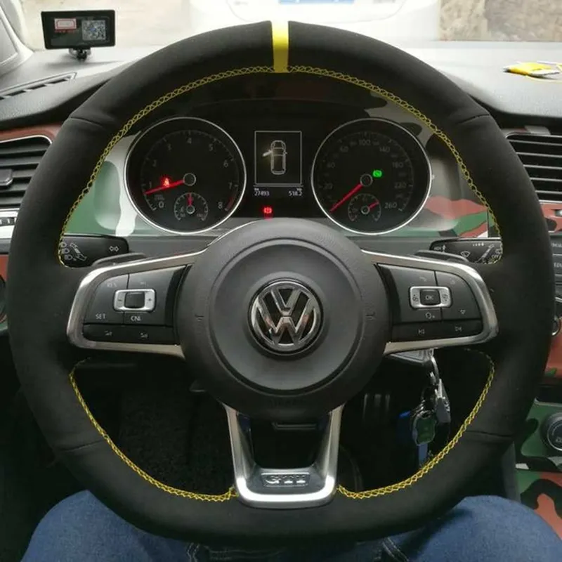 Housses de volant de voiture bricolage en daim noir doux cousu à la main pour Volkswagen Golf 7 MK7 GTI R VW Polo Scirocco 2015 2016