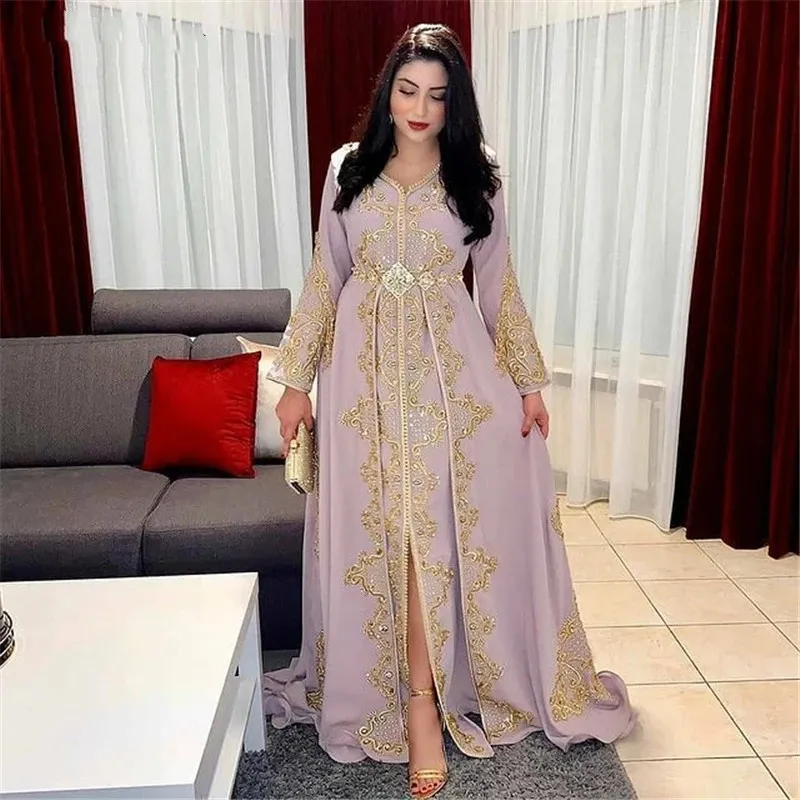 Marokkaanse Caftan Chiffon Avondjurken Borduurwerk Kant Lange Mouw Arabische Moslim Vrouwen Dragen Formele Prom Jurken Robe de Soiree