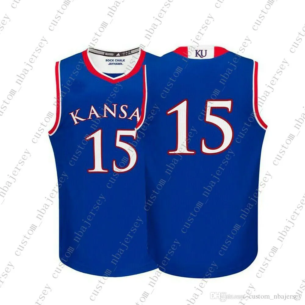 저렴한 사용자 정의 캔자스 Jayhawks NCAA # 15 블루 농구 유니폼 개성 사용자 지정 모든 이름 번호 XS-5XL 스티치