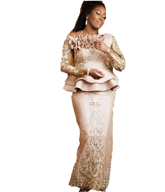 2022 champanhe mãe da noiva vestidos jóias pescoço mangas compridas renda apliques de piso comprimento peplum flores vestido de festa formal vestidos de noite mais tamanho