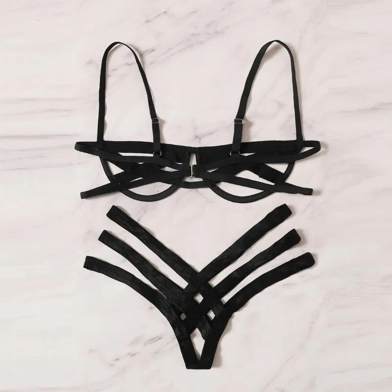 Bras Sets Sexy Lingerie Set Women's Underwear Sensual Woman Lace Erotic  Bandage Cut Out Bra Panties Exotic 2pc