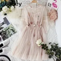 spring new women O-neck lantern sleeve gauze fairy puff dress female flower appliques elegant mesh princess dresses