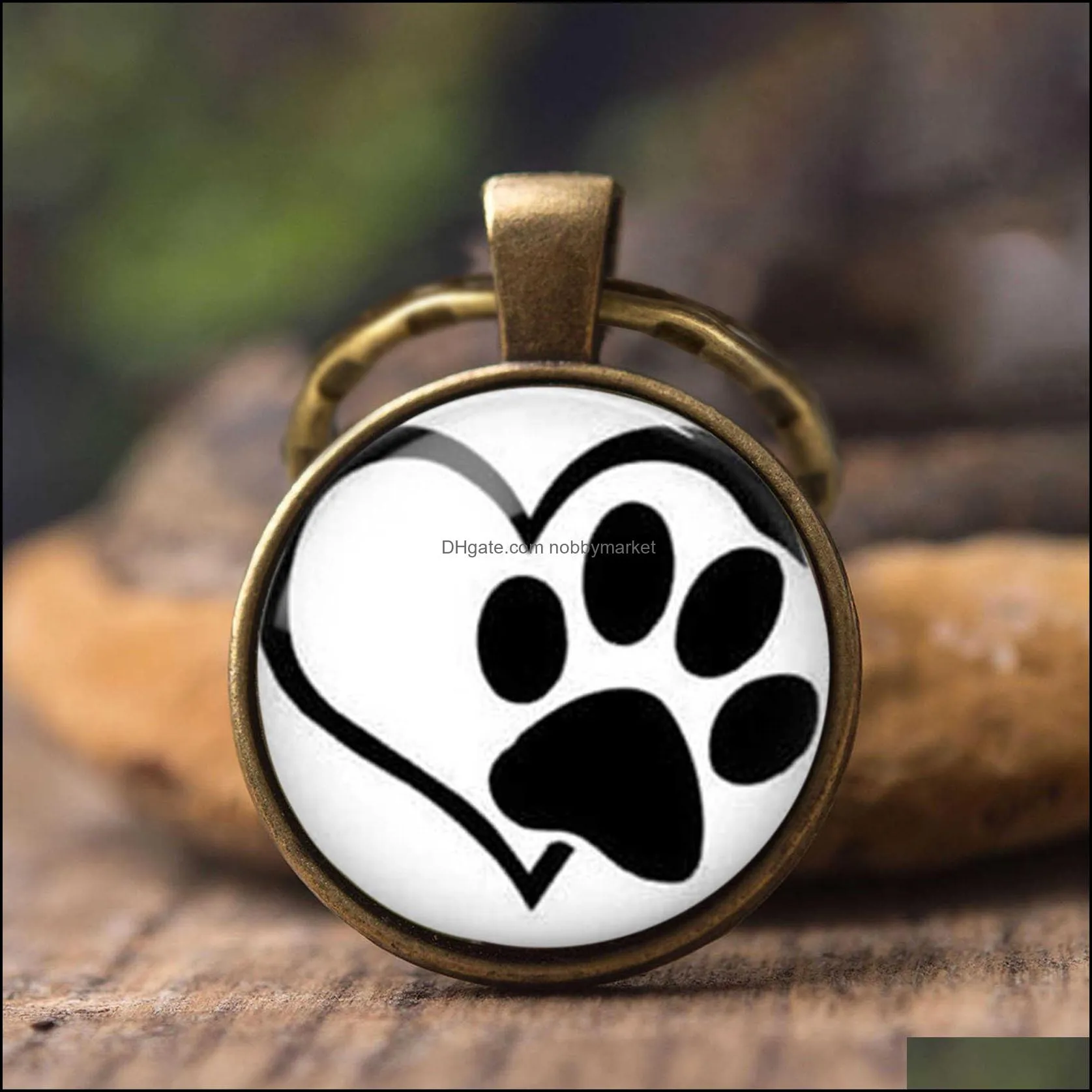 New Cute Animal Printing Key Chains Dog Cat Claw Paw Footprints Glass Cabochon Pendant Car Key Ring Creative Gifts For Men