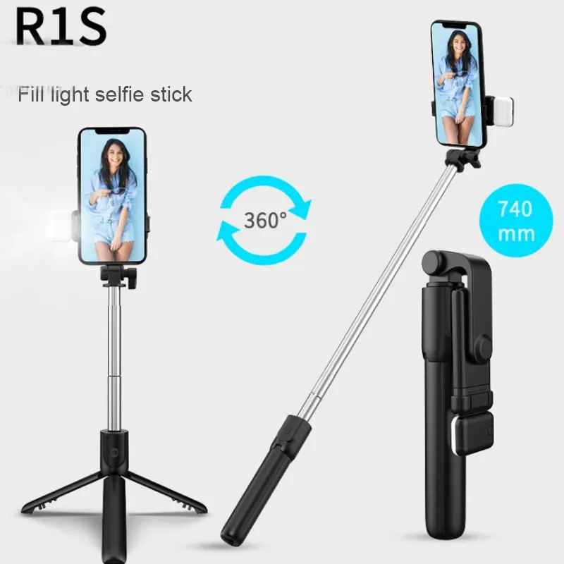 4 i 1 Trådlös vikbar Mini Selfie Tripod Monopod med Bluetooth-kompatibel slutare Fyll ljus för smart telefon selfie pinne