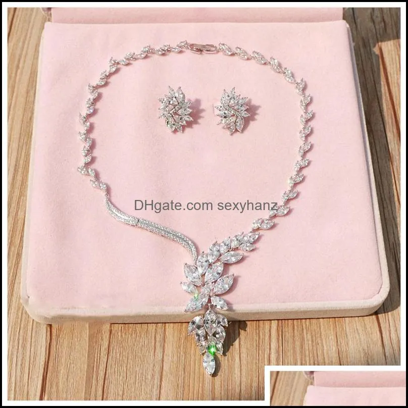 Earrings & Necklace Elegant Leaf CZ Wedding Jewelry Sets For Bride Crystal Rhinestone Accessory Women