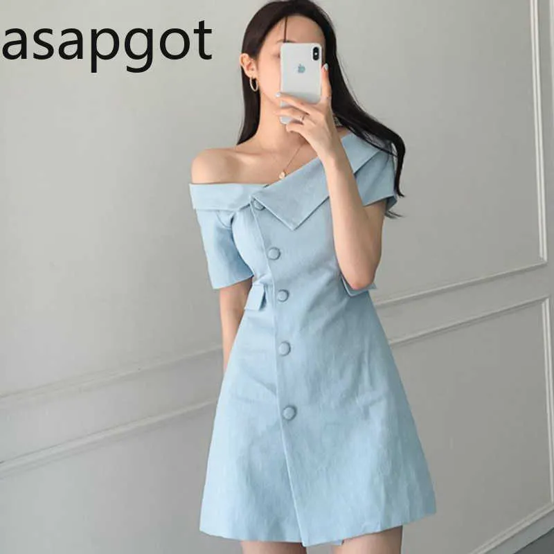 Asapgot Korean Slash Neck Off Shoulder Dress Solid Slim Empire Short Sleeve Mini Dress Single Breasted Chic Irregular A Line OL 210610