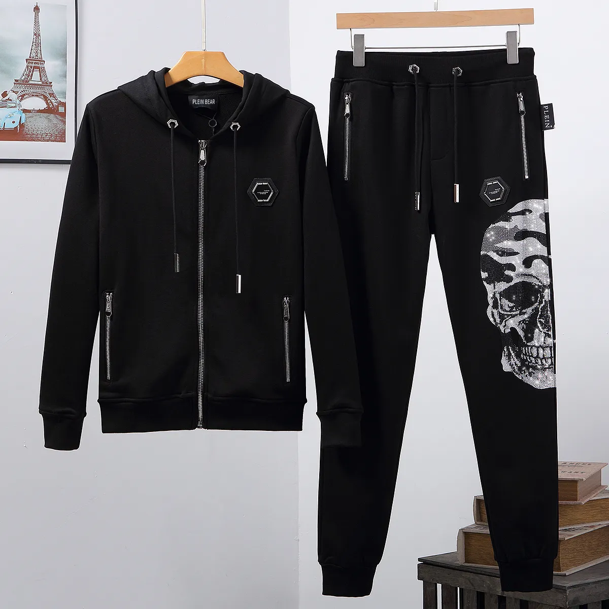 Plein Bear Mens Hoodie 재킷 바지 크리스탈 해골 Tracksuit 남성 후드 캐주얼 트랙스 조깅 재킷 바지 세트 스포츠 정장 74165