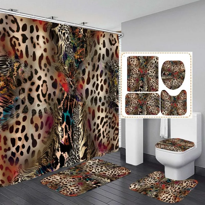 Shower Curtains Leopard Pattern Print Curtain 4 Piece Carpet Cover Toilet Bath Mat Pad Set Bathroom With 12 Hooks