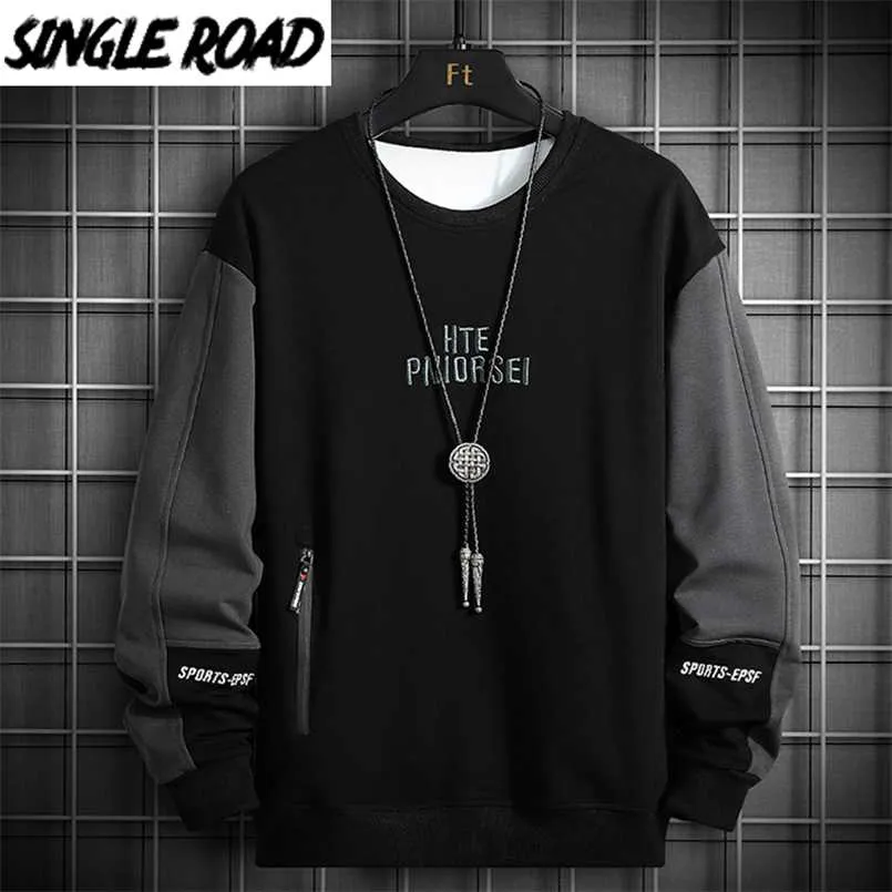 Felpa girocollo Single Road Uomo Ricamo Patchwork Oversize giapponese Streetwear Hip Hop Felpa con cappuccio nera Felpe uomo 211014