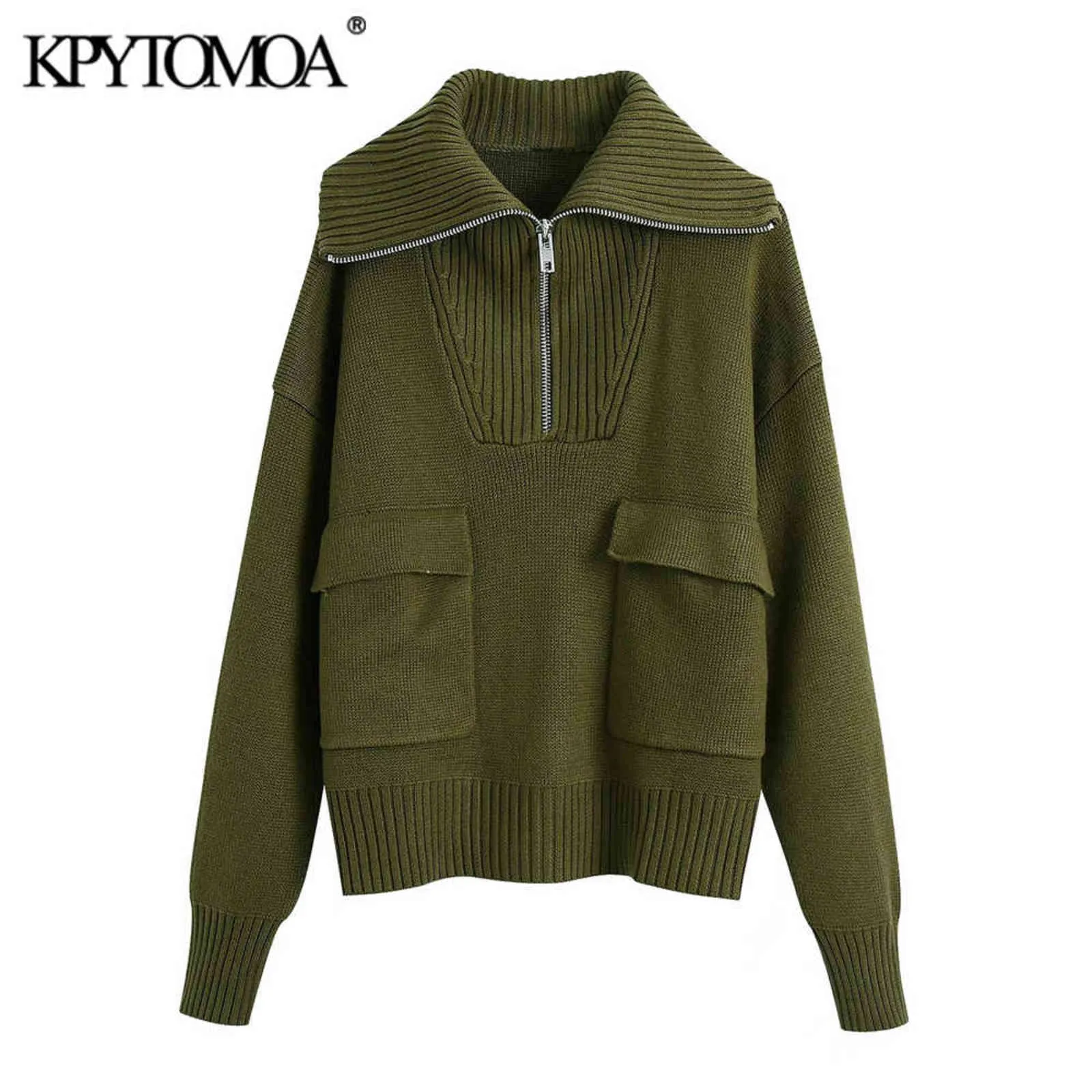 KPYTOMOA KVINNOR 2021 Mode med fickor Zip-up Loose Stickad Sweater Vintage High Neck Långärmad Kvinnlig Pullovers Chic Tops Y1110