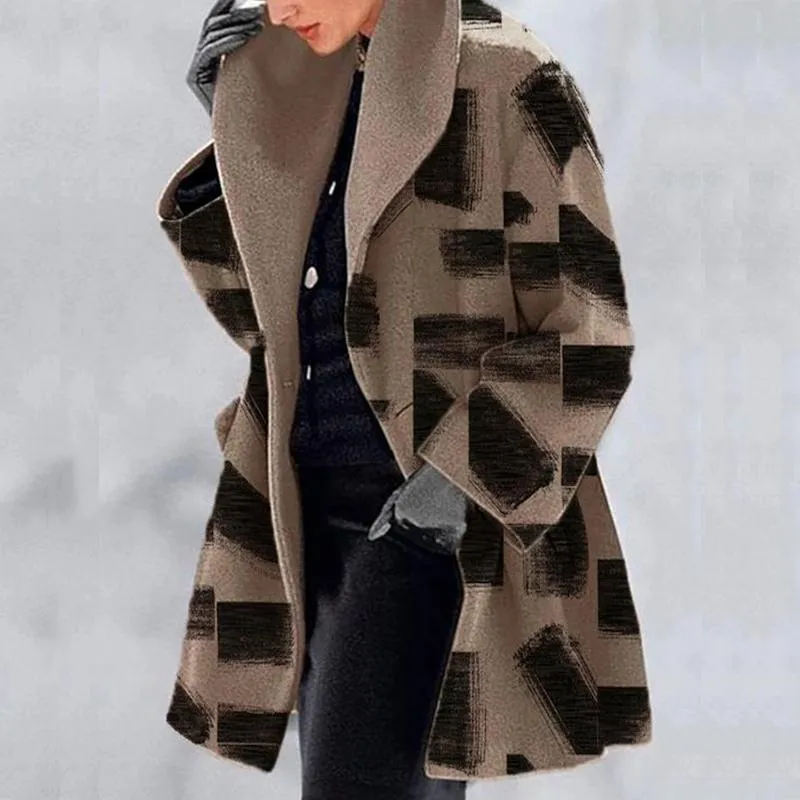 Женская шерсть смешивает осень зима элегантное отворотное свободное пальто Урожай Урожай хараджуку печать женщин Tweed верхняя одежда мода с длинным рукавом