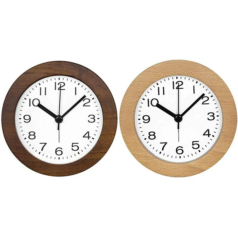 4 Inch Small Retro Analog Wooden Alarm Clock with Night Light, Round Non-Ticking Battery Operated Silent