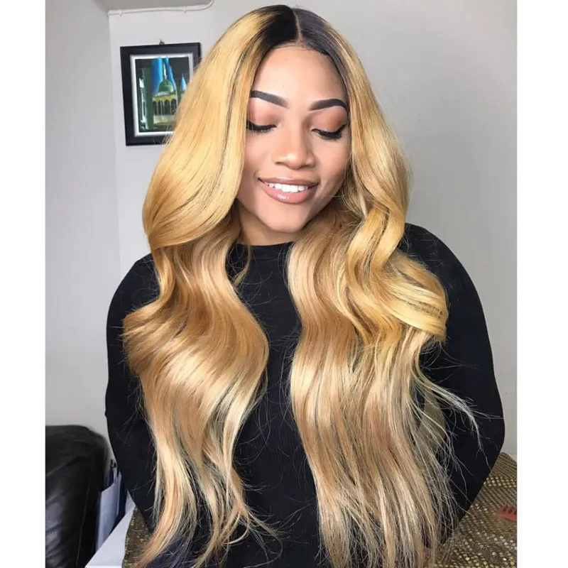 Ombre Honey Blonde Color 1B 27厚い氷河のフルレース人間の髪のかつらブラジルの体外レースフロントかつら