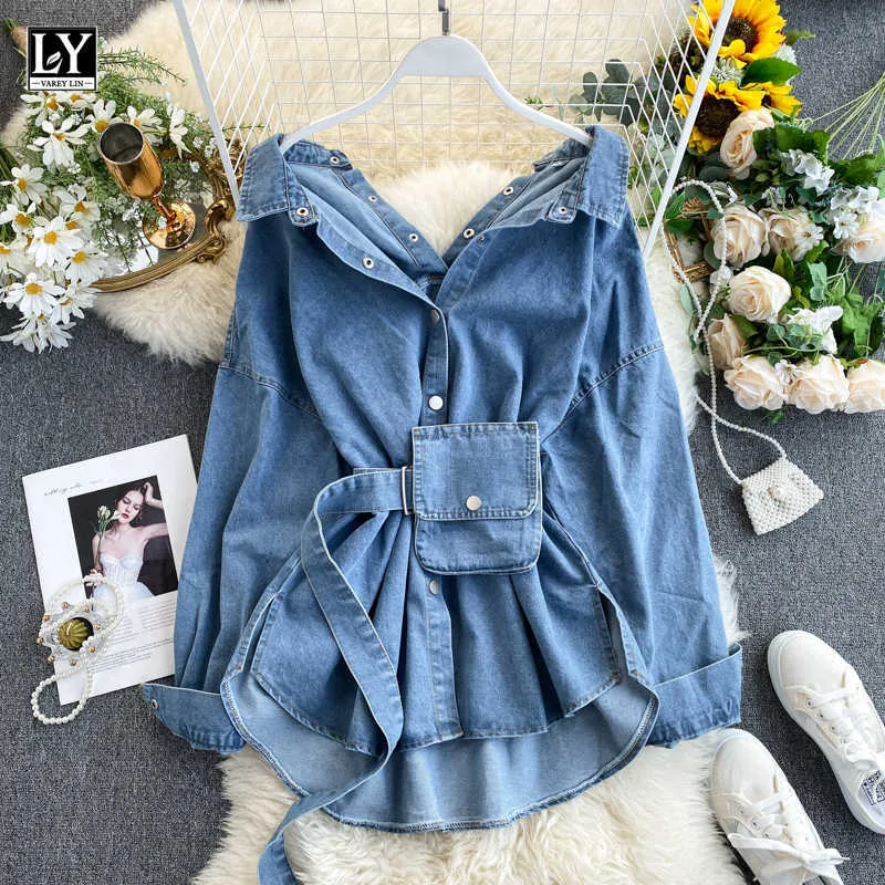 LY VAREY LIN Spring Summer Women Pocket With Belt Slim Dress Solid Denim Ladys Single Breasted Vintage es Female 210526