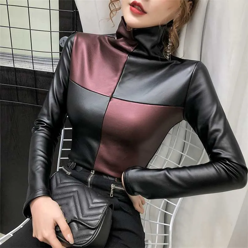 Winter Lange mouwen Turtleneck PU Lederen T-shirts Dames Plus Fleece Warm PU Lederen Pullovers Dames Warm PU Lederen Tops 211110