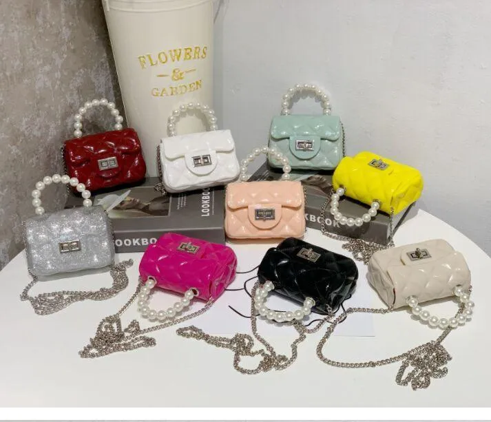 2021 Mini baby bags hot New Jelly Bag Candy Color Pearl Wrist Change Bag PVC Mini Tote handbag