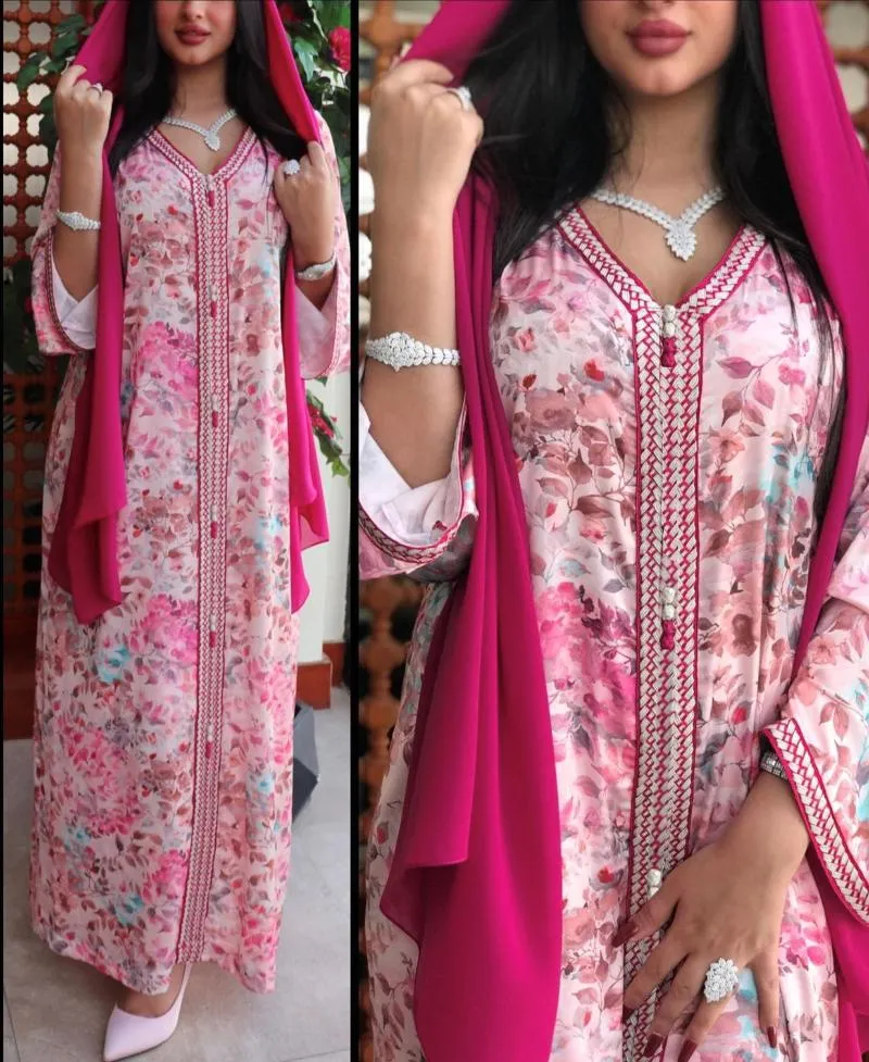 Etnisk Kläder Ab122Ramadan Mellanöstern Robe Abaya Tryckt Muslim Kvinnor Klänning Kaftan Marockansk Pakistansk Dubai Jelaba Kimar Islamique Femme