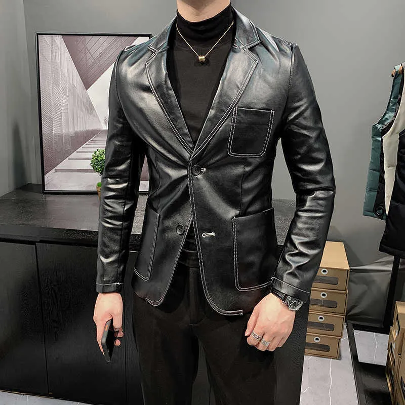 Fashion Leather Men Blazers Black Casual Suit Jackets Streetwear Social Dress Coat Wedding Business Blazer Masculino Veste Homme 210527