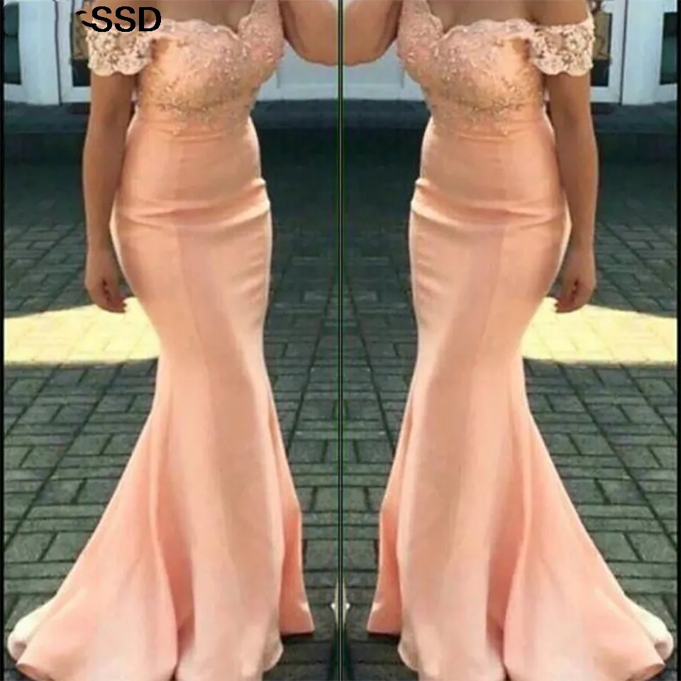 Plus Size Off Ramię Wesele Dress Aplikacja Elastyczna Satinowa Kobieta Lady Mermaid Bez Rękawów Formalna Suknia Druhna
