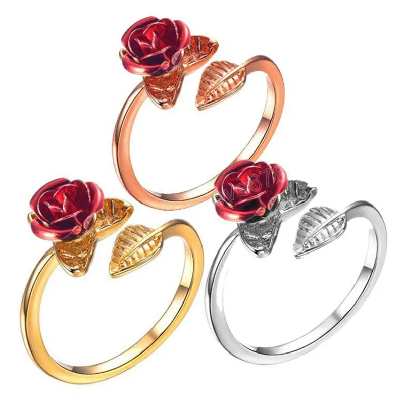 Red Rose Garden Flower Leaves Anello aperto Anelli regolabili ridimensionabili per le donne Gioielli regalo di San Valentino