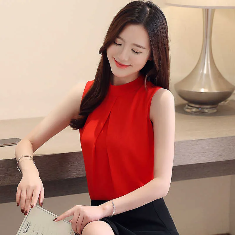 Koreańska Moda Damskie Topy i Bluzki Szyfonowe Bez Rękawów Białe Koszule Plus Size Office Lady 210531