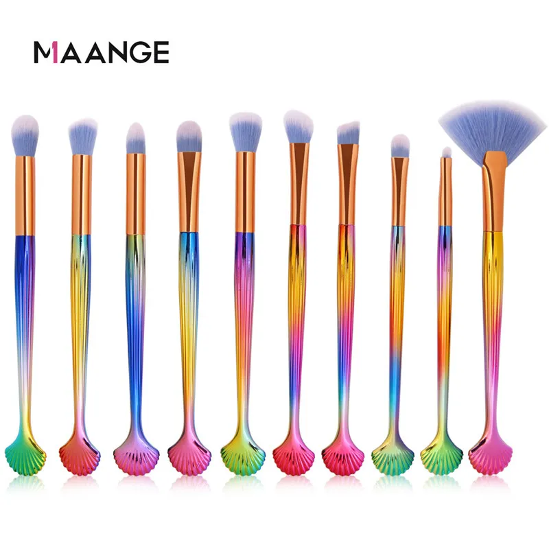 Maange 10pcs Makeup Brushes Set Shell Shape Mermaid Blending Powder Eyeshadow Contour Concealer Blush Cosmetic Makeup Tools