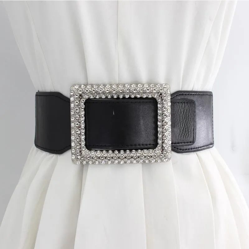 Cintos de couro elástico moda cinto largo para mulheres fivela de strass quadrado cinta espartilho cintura feminina