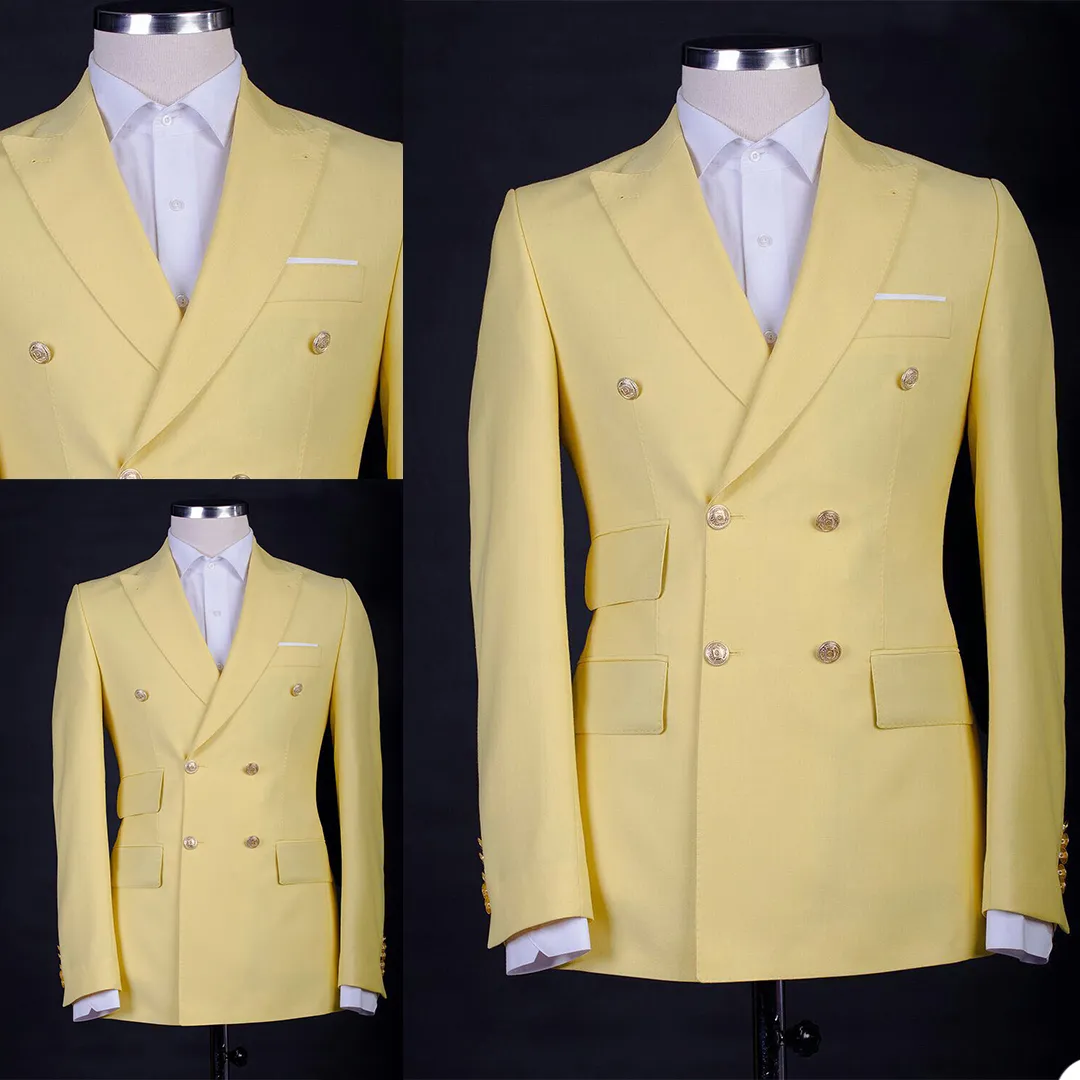 Business Mens Tuxedos Yellow Groom Double Breasted Wedding Blazer Suits Formal Prom Party Pants Coat(Jacket+Pants)