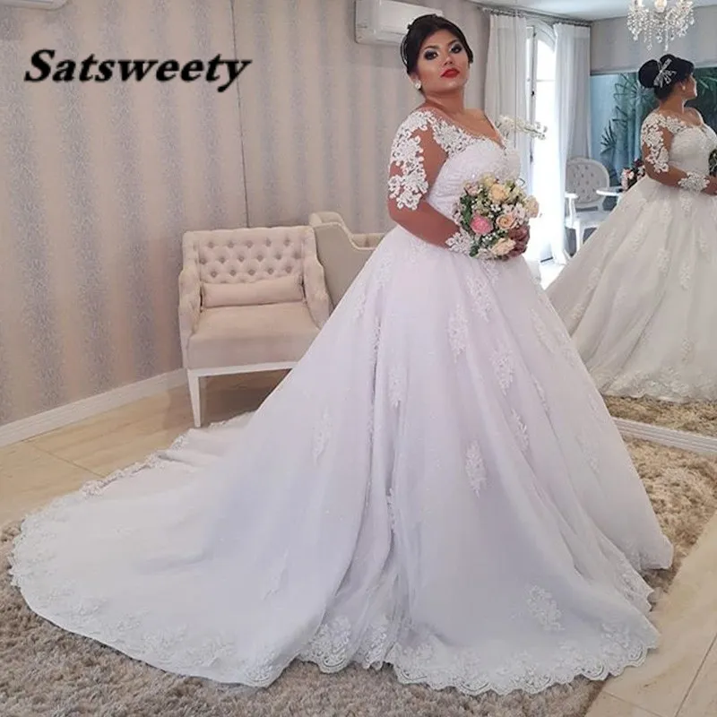 Maniche lunghe Tulle Ball Gown Abiti da sposa Moda Appliques Corte dei treni Vestidos De Noiva Sposa formale Abiti da sposa Lace-up