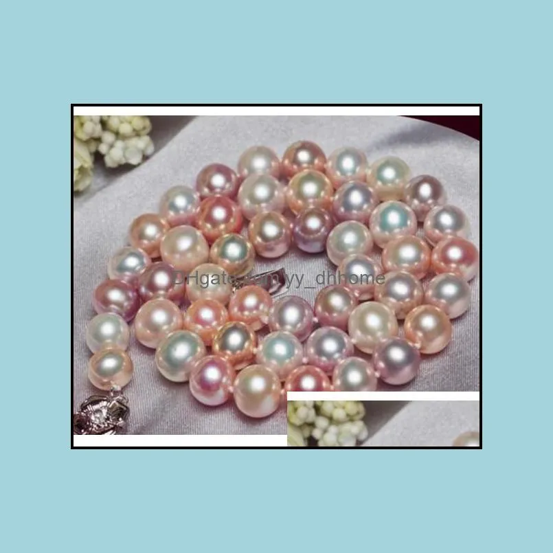 9-10mm Beaded Necklace Natural White Pink Purple Pearl Necklace 18 Inch 925 Silver Clasp