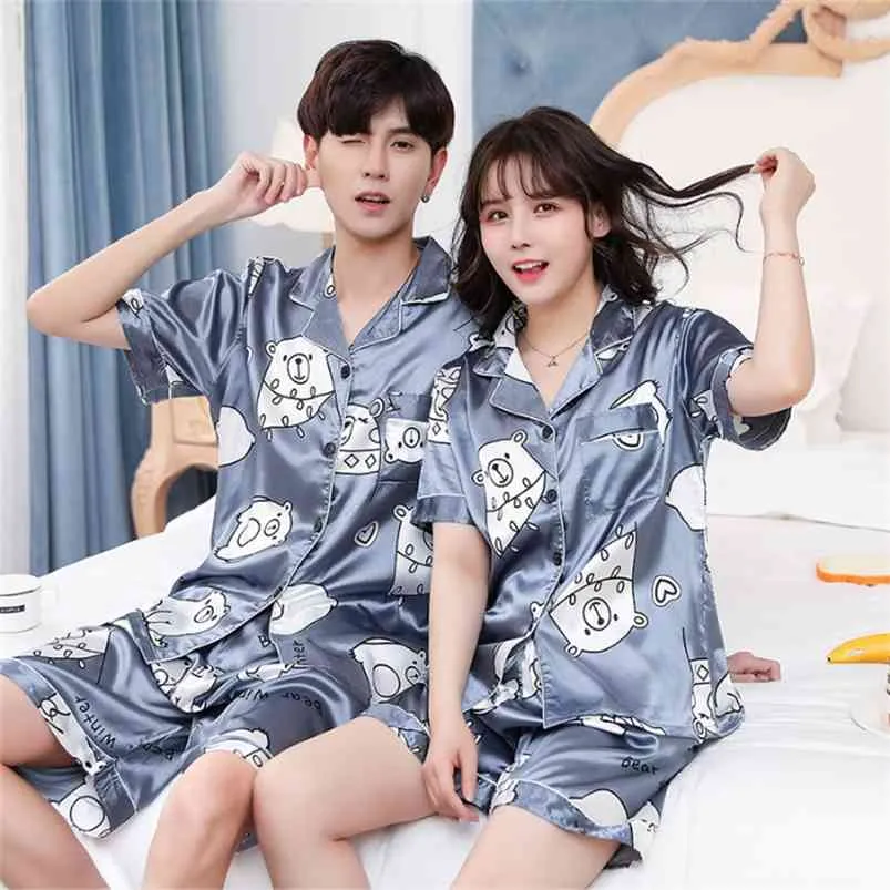 Par älskare pyjamas sätter kvinnor kortärmad sommar pajama lösa män faux silke stil par pijama set sleepwear top + pants 210831