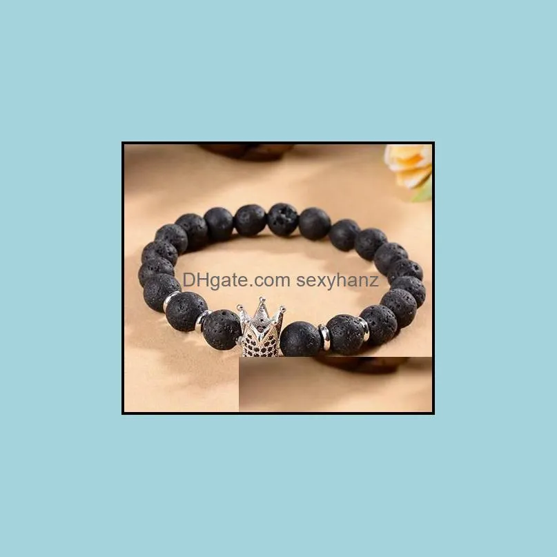 8mm yn33 gold silver crown Frosted agate Onyx nature black stone a micro pave cz zircon cubic zirconia Bracelet Reiki Chakra