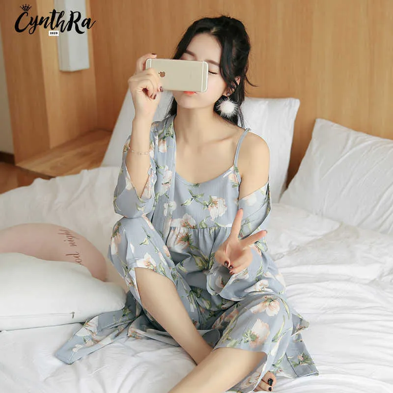 CYNTHRA Pajama Sleepwear Set Ladies Man -made Silk Nightclothes Long Sleeve 3pcs Women Breathable Homewear Top Sexy Nightwear Q0706