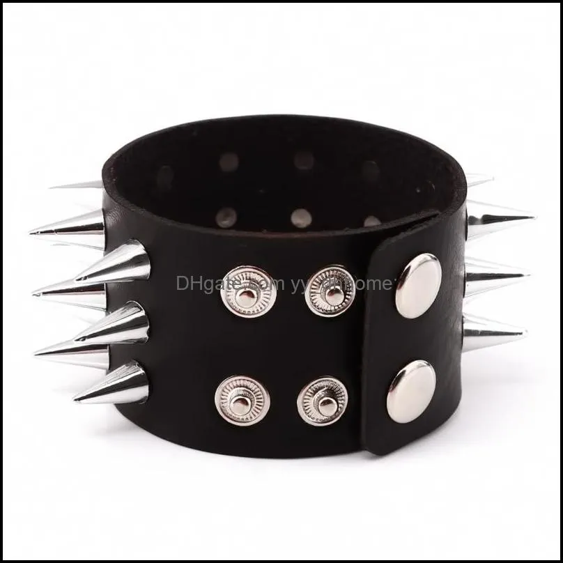 Charm Bracelets Three Row Cuspidal Spikes Rivet Stud Wide Cuff Leather Punk Gothic Rock Unisex Bangle Bracelet Men Jewelry