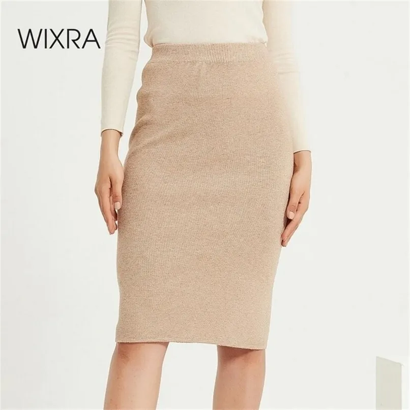 Wixra Womens Knitted Straight Skirts Solid Basic Ladies High Waist Knee-length Skirt Streetwear Autumn Winter 210619