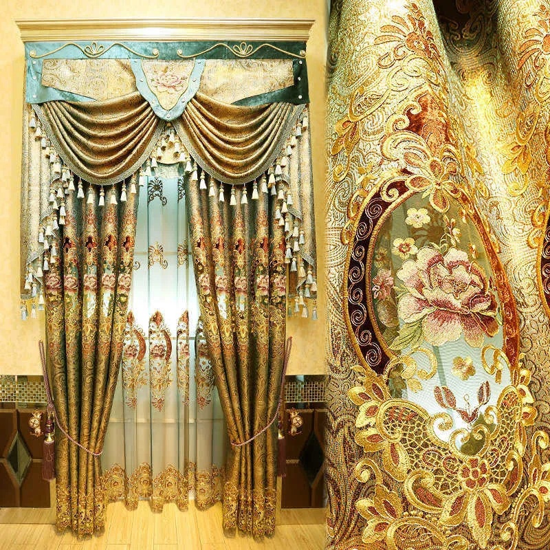 寝室の縞模様の隠蔽カーテン210712のための居間の花刺繍チュールカーテンのためのFyfuyoufyの高品質のベルベットのカーテン