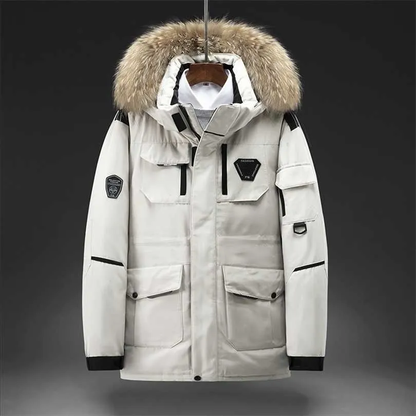 Parkas de invierno para hombre, Color sólido, plumón de pato blanco, chaqueta gruesa cálida con cuello levantado para hombre, sombrero desmontable para hombre, abrigo Parka informal 211214