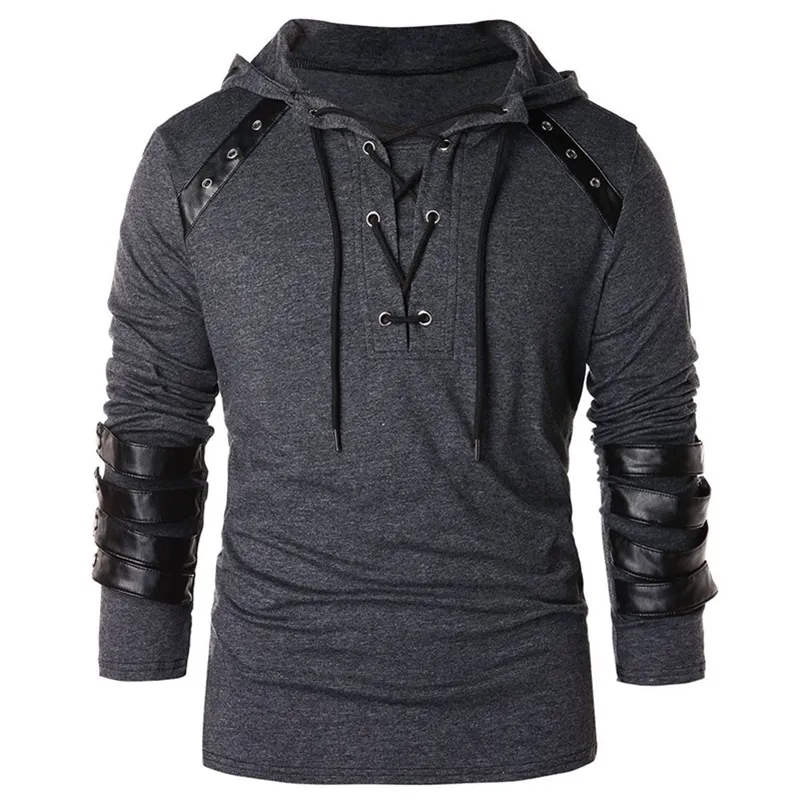 Men Hoodie Plus Size Punk Pu Leather Long Sleeve Lace Up Black Blue Streetwear Gothic Casual Hooded Sweatshirt Spring Tops 201103