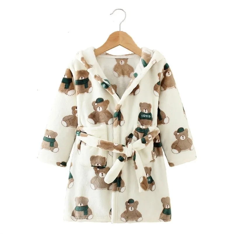 Long Sleeve Hooded Children's Bathrobe Cartoon Print Kids Robe Lovely Animal Boy Bath Spring Autumn Girls 211130