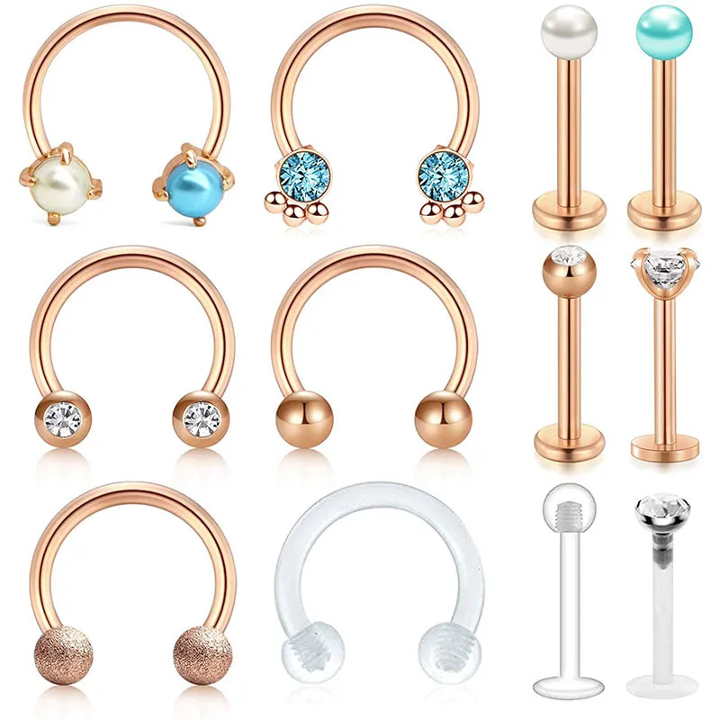 12 adet 16g Kıkırdak Helix Tragus Büküm Spiral Horseshoe Halter Küpe Dudak Labret Piercing