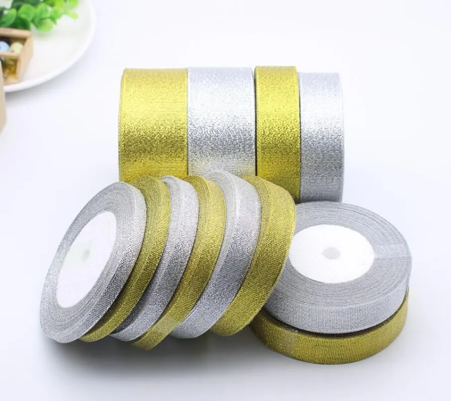 250 meter/roll Handgjorda guld- och Sier Onion Ribbon Metallic Luster Wedding Christmull Decoration Diy Webbing Card Present