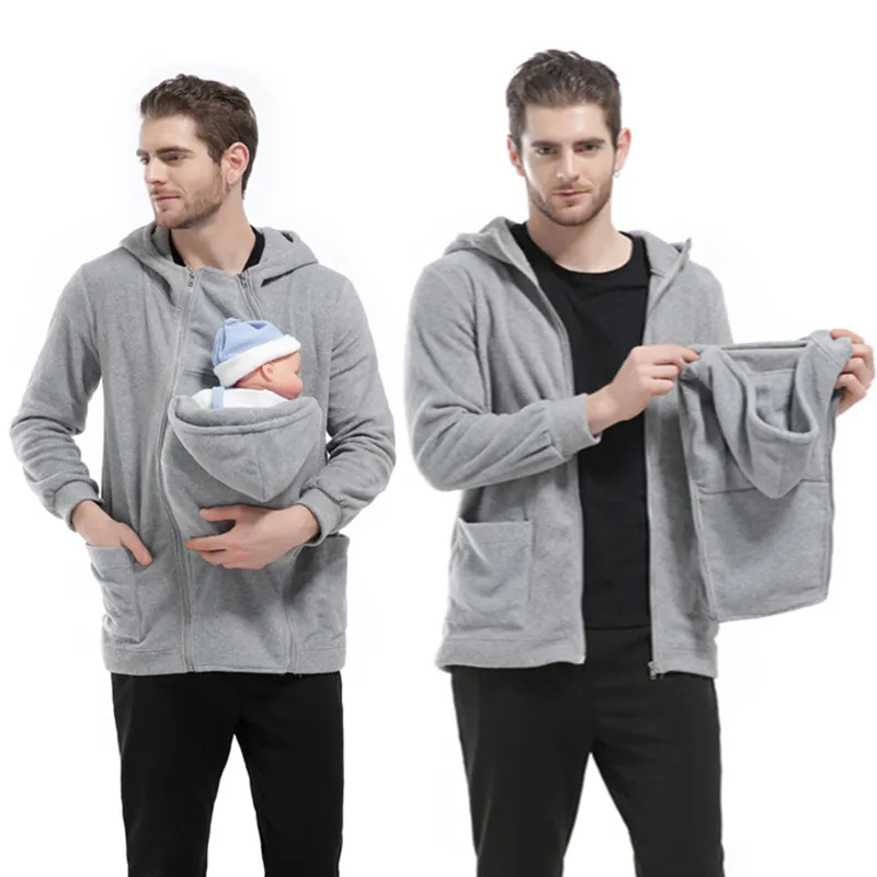 Baby Wearing Dad Coat Thick Cotton Sweatshirts Multifunctional Infant Carrier Dad Father Winter Hooded Hoodies Zipper Outerwear