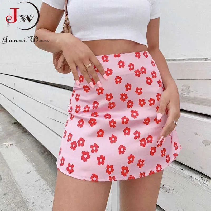 Mulheres verão mini moda meninas cintura alta floral impressão cetim saia curta doce sexy y0824