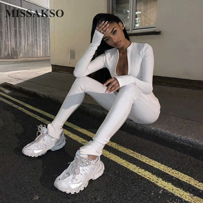 Missakso Solid Black White Sexy Jumpsuit Fitness Zipper Club Long Sleeve O Neck Bodycon Women Winter Rompers Skinny Jumpsuit 210625
