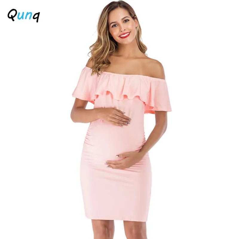 QUNQ妊娠ドレス2021新しい夏の肩のないフリルマタニティ服妊娠中の女性のためのソリッドカラー甘い衣装