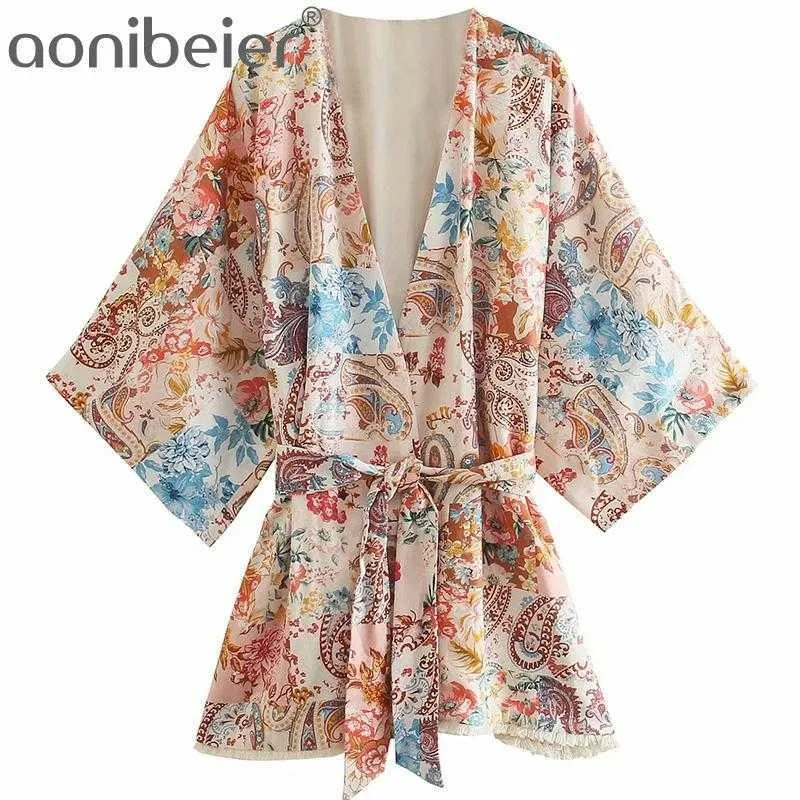 Paisley Print Summer Casual Beach Kimono Shirts Fashion Open Front Raglan Sleeve Tassels Hem Women Loose Tops Blouses 210604